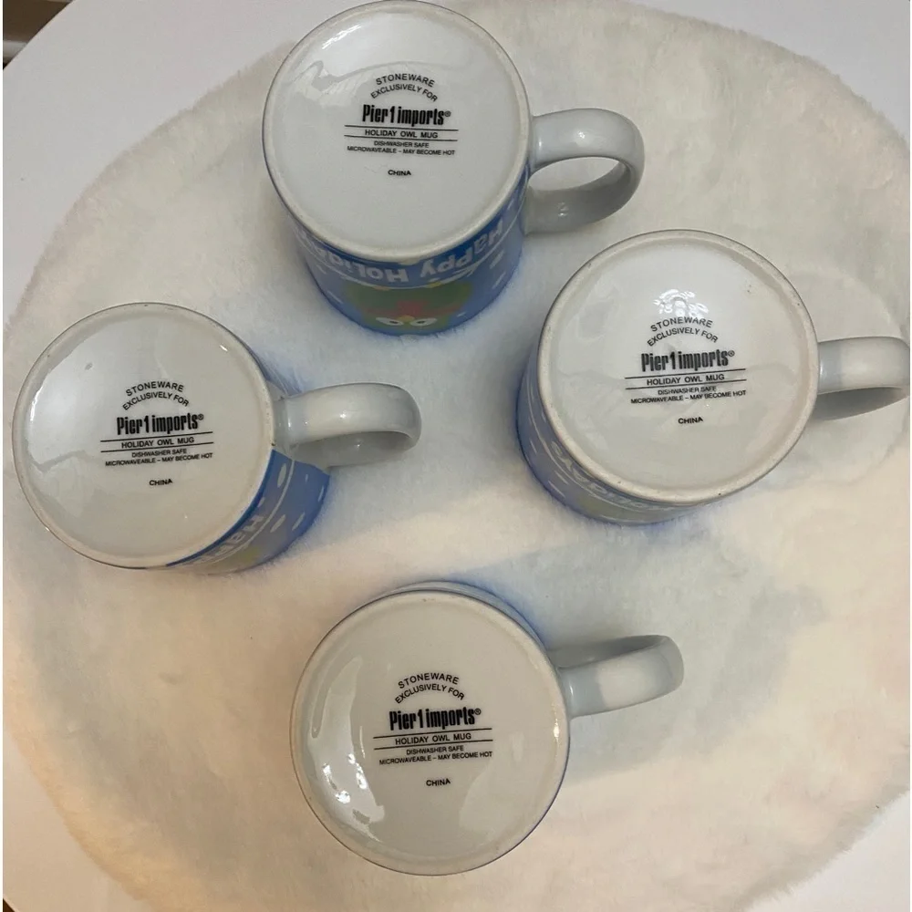 Pier 1 Holiday Owl Mugs – Set of 4 – Christmas Ceramic Cups